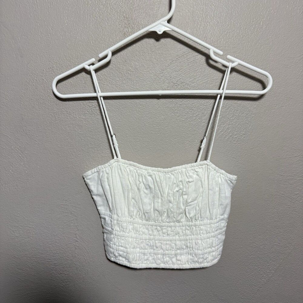 Abercrombie & Fitch White Linen Ruched Tank Top Crop Top Spaghetti Strap Sz S
